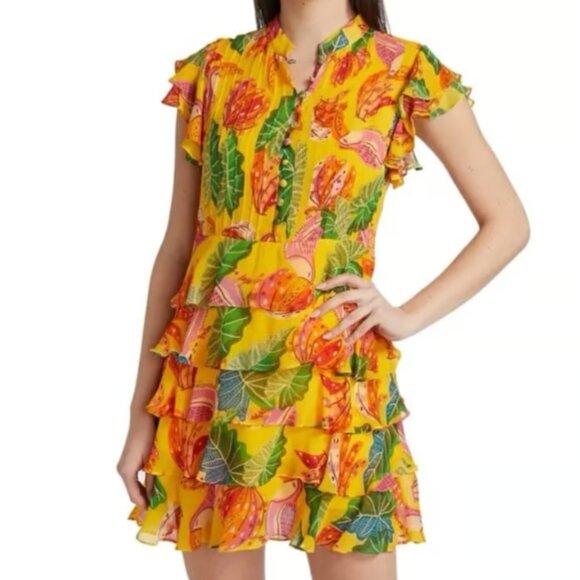 Farm Rio Yellow Beaks and Bananas Ruffle Mini Dress Size Medium NEW - Picture 1 of 15